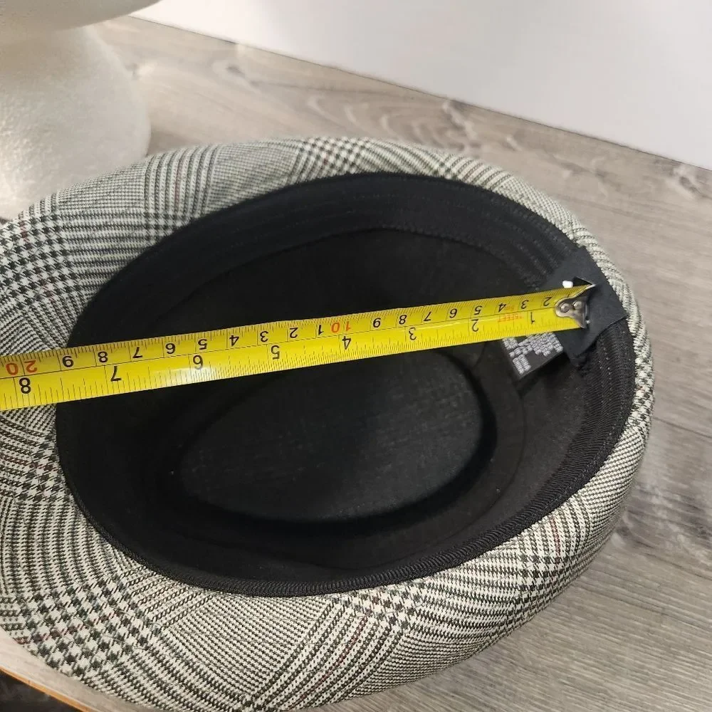 Peter Grimm Mens Fedora Hat‎ Grey Black Plaid Size S/M Orange Hat Band Logo